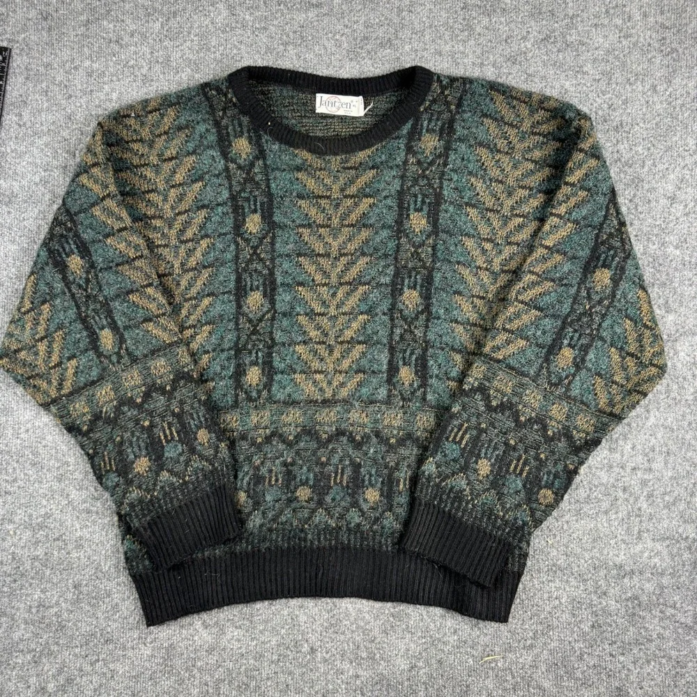 Jantzen Sweater Mens Size XL Green Geometric Fair Isle Knit Vintage Made in USA